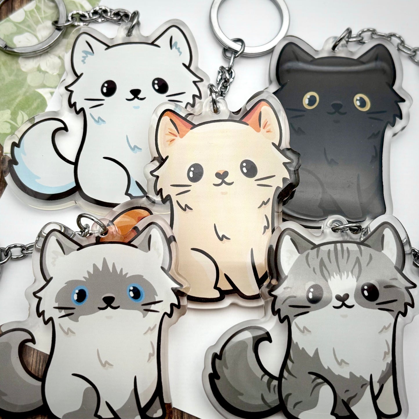 Long Hair Cat Cute Acrylic Keychains || Black, White, Blue Ragdoll, Flamepoint, Gray and White