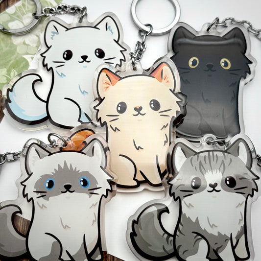 Long Hair Cat Cute Acrylic Keychains || Black, White, Blue Ragdoll, Flamepoint, Gray and White