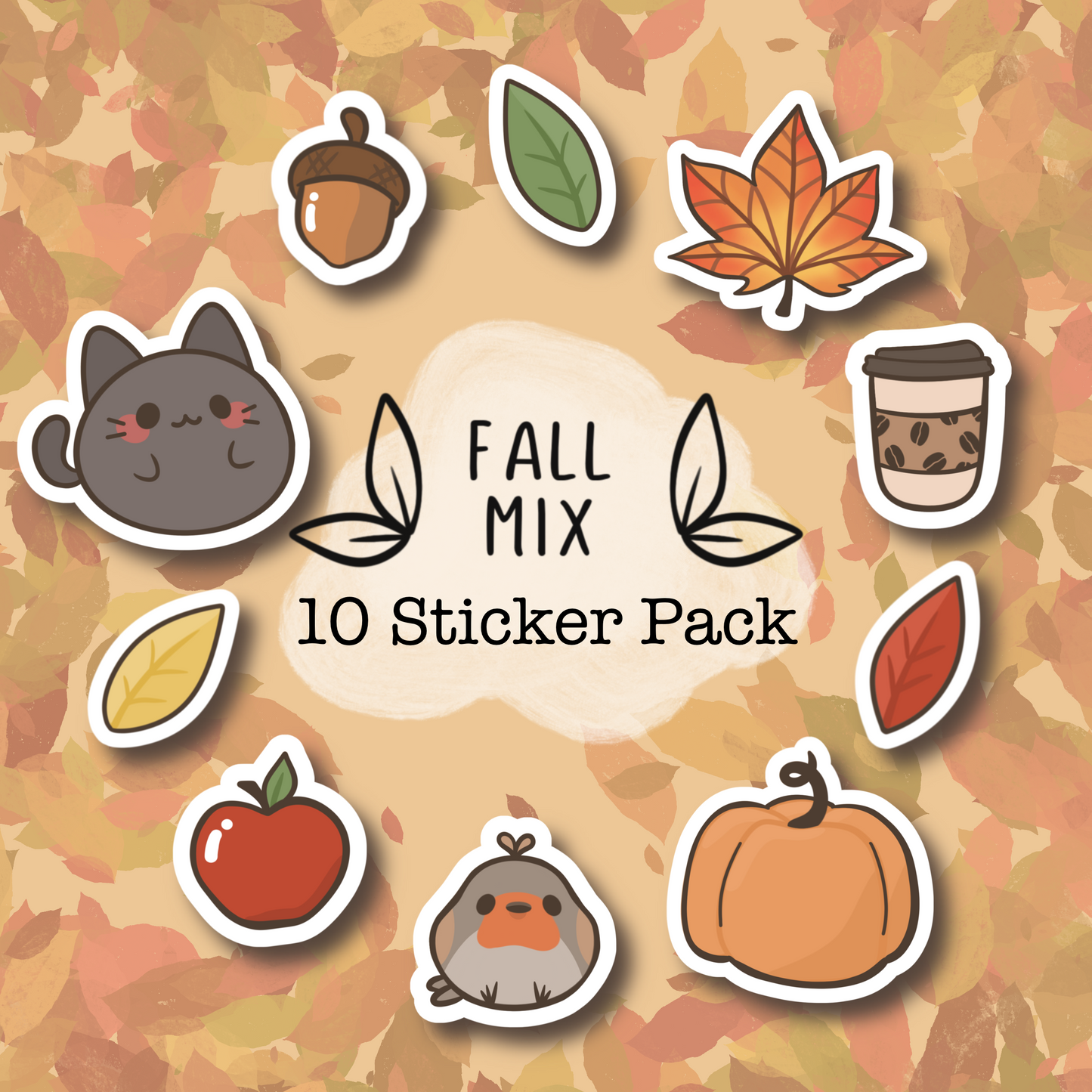 Fall Mix Set of 10 Mini Stickers (Black Cat, English Robin)