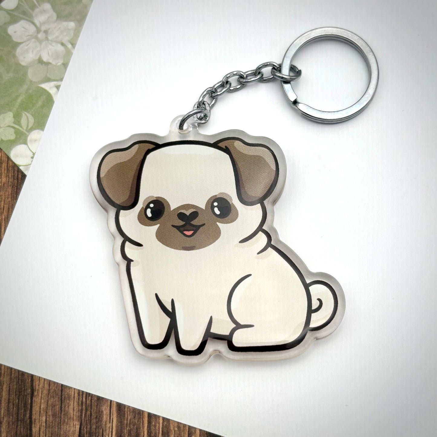 Pug Dog Cute Acrylic Keychain || Colors: White, Fawn, Apricot, Merle / Brindle, Black
