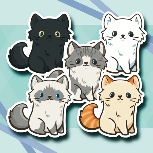 Long Hair Cat 2.7” Cute Vinyl Stickers: Black, White, Seal Point / Blue Ragdoll, Flame Point