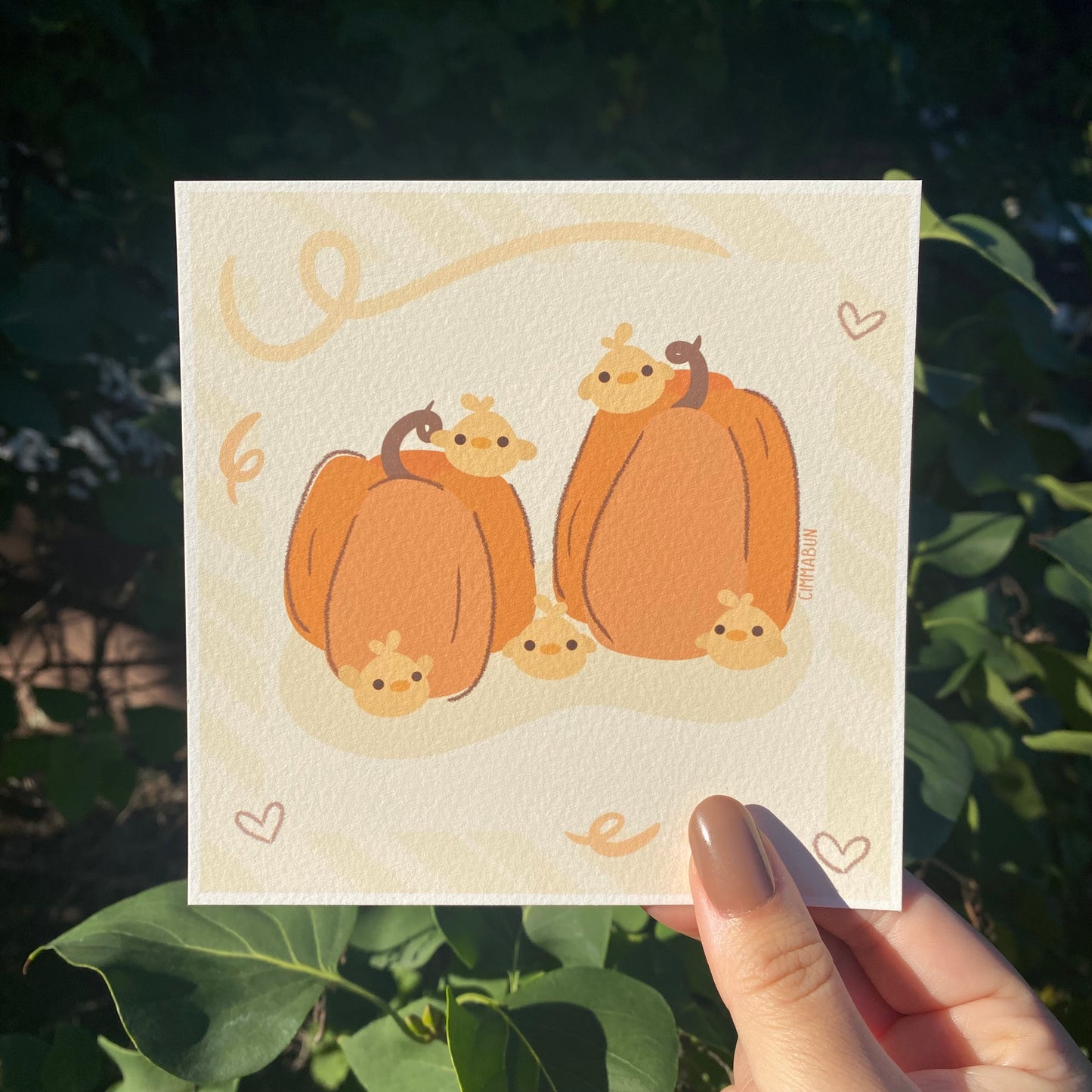 Pumpkins and Chicks 5x5 Cute Art Print