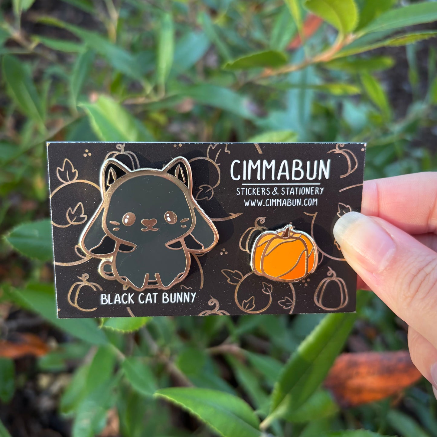 Black Cat Bunny Enamel Pin and Pumpkin Mini Pin