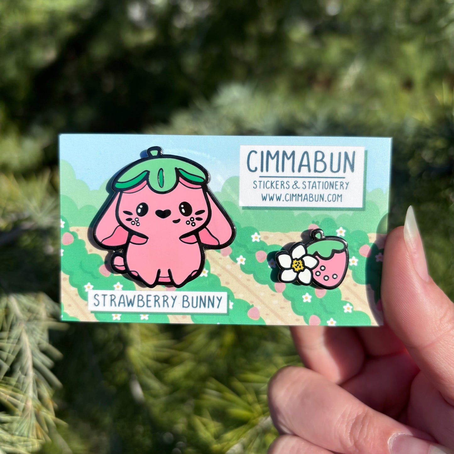 Strawberry Bunny Enamel Pin and Strawberry Mini Pin