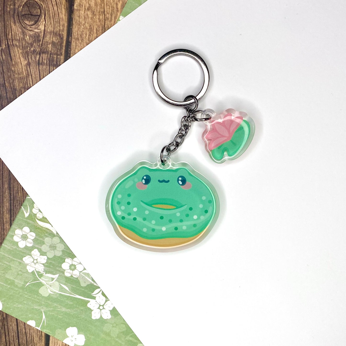 Donut Frog Cute Acrylic Keychain with Lily Pad Charm