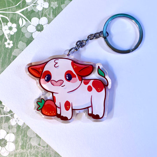 Strawberry Cow Cute Acrylic Keychain