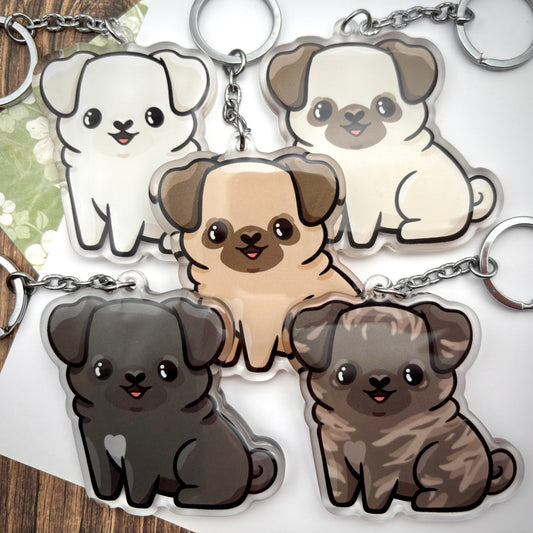 Pug Dog Cute Acrylic Keychain || Colors: White, Fawn, Apricot, Merle / Brindle, Black