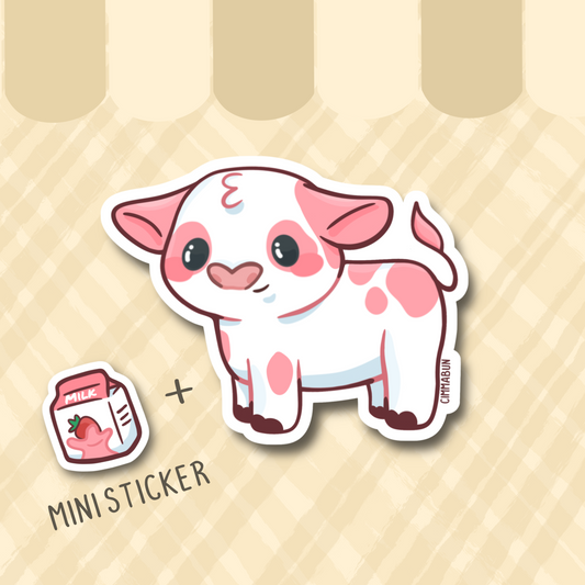 Strawberry Milk Cow Cute 3" Vinyl Sticker