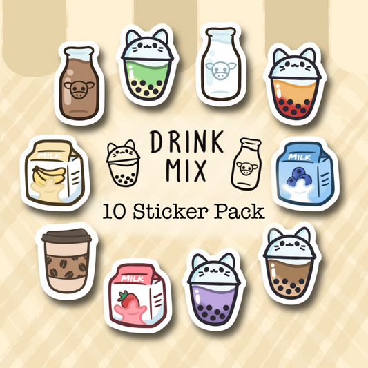 Drink Mix Set of 10 Mini Stickers (Strawberry Milk, Banana Milk, Boba, Coffee)