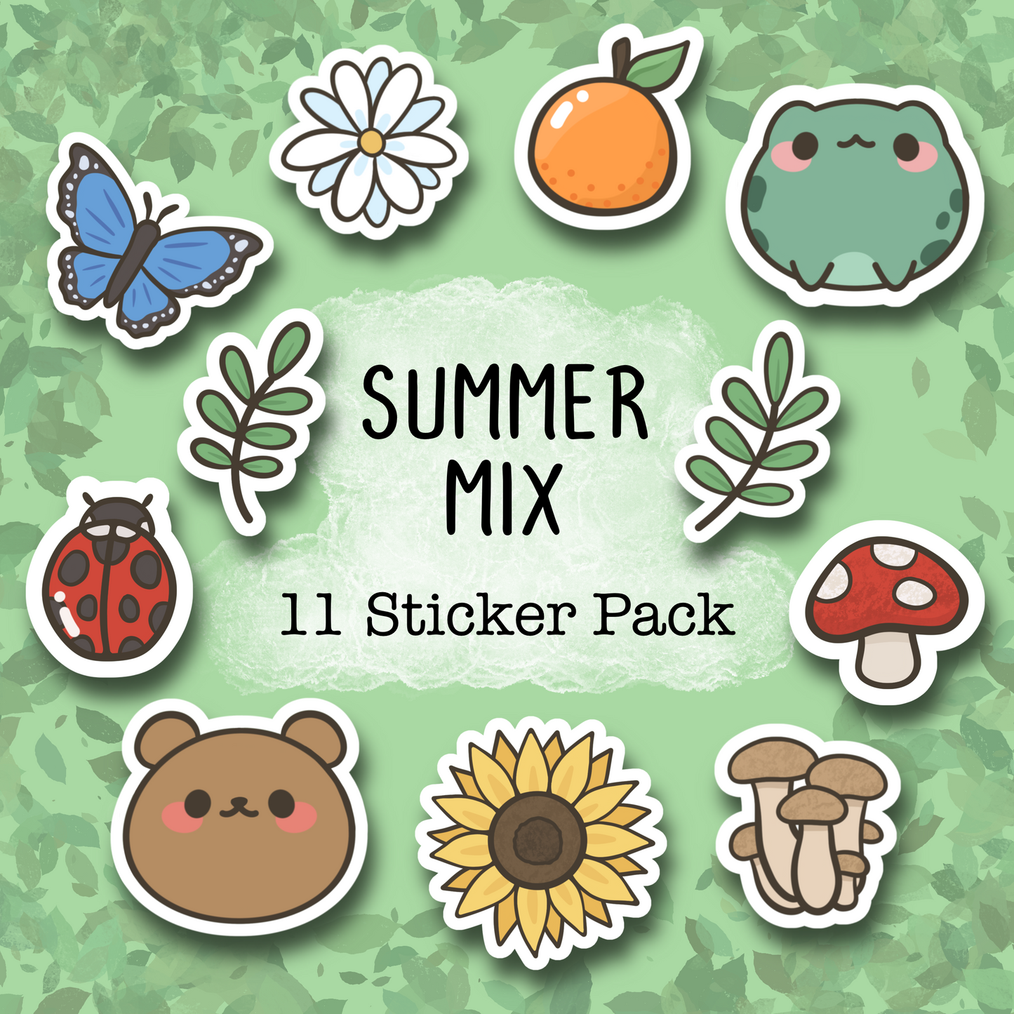 Summer Mix Set of 11 Mini Stickers (Frog, Bear, Mushroom, Butterfly)