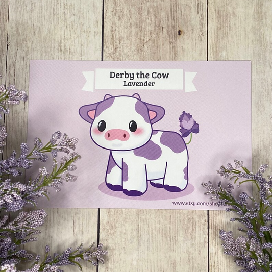 Lavender Derby the Cow Cute 4x6 Art Print