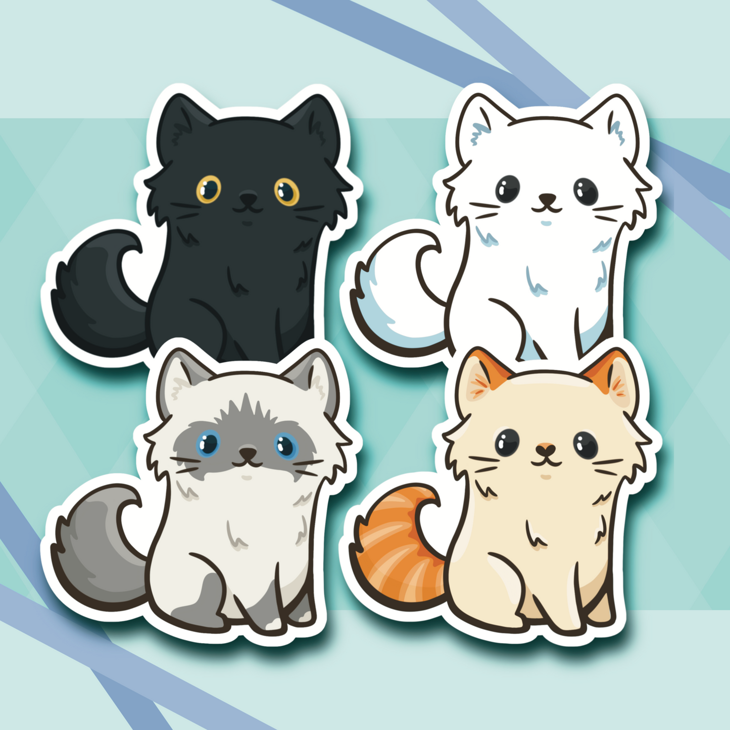 Long Hair Cat 2.7” Cute Vinyl Stickers: Black, White, Seal Point / Blue Ragdoll, Flame Point