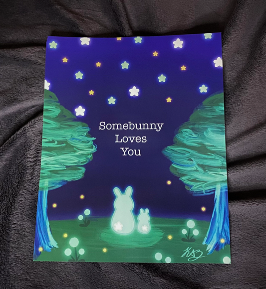 Stargazing Bunnies Somebunny Loves You Cute 8x10 Art Print Poster