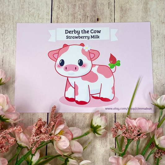 Strawberry Milk Derby the Cow Cute 4x6 Art Print