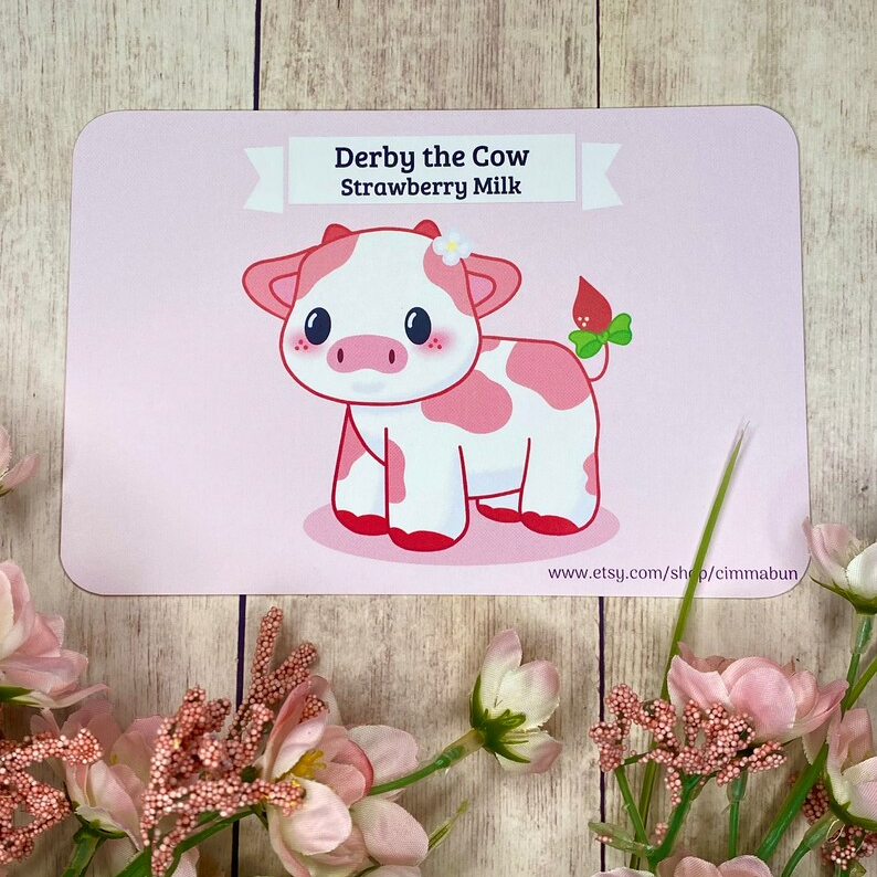 Strawberry Milk Derby the Cow Cute 4x6 Art Print